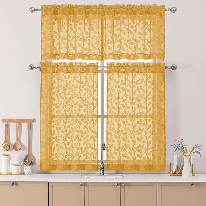 Chyhomenyc Gold Sheer Valances for Windows 18 Inch Length 2 Pcs, Light Filtering Leaf Textured Cafe Short Kitchen Curtains, Top Small Curtain for Living Room Bedroom Basement, 42" W x 18" L