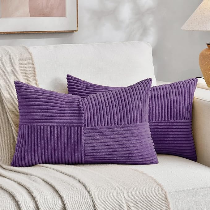 Fancy Homi 2 Packs Purple Lumbar Decorative Throw Pillow Covers 12x20 Inch for Living Room Couch Bed, Farmhouse Boho Home Decor, Soft Striped Corduroy Rectangle Accent Cushion Case 30x50 cm