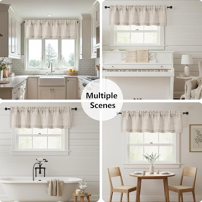 OWENIE Linen Valances for Windows 1 Pcs, Light Filtering Textured Farmhouse Short Small Valance Curtains for Bathroom Basement Living Room Bedroom, Rod Pocket Half Curtains Over Sink, 60Wx14L Inch