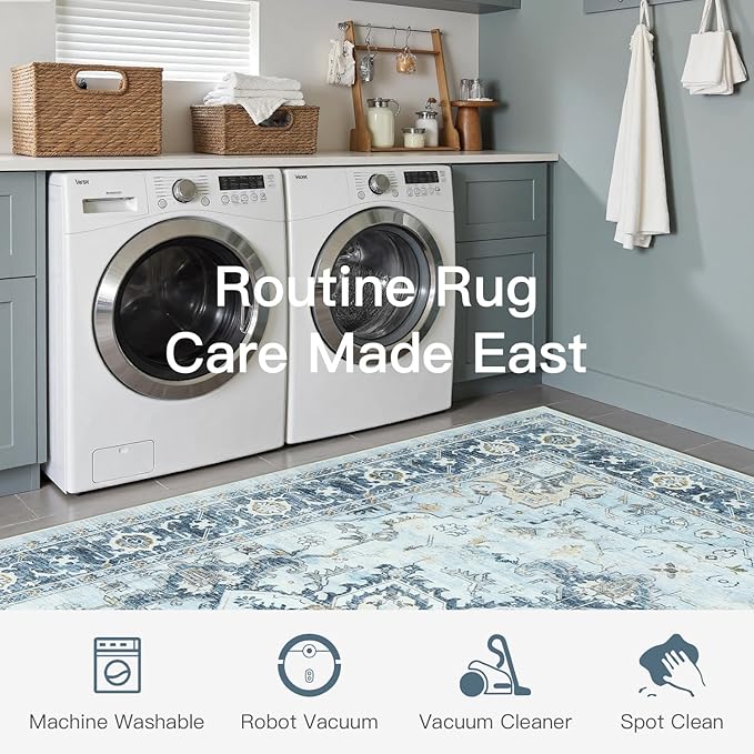 Lofus 8x10 Area Rugs for Living Room, Machine Washable Non-Slip Area Rug, Low Pile Large Rugs for Bedroom, Kitchen, Dining Room, Home Office, Vintage Oriental Print Rug, Blue Gold