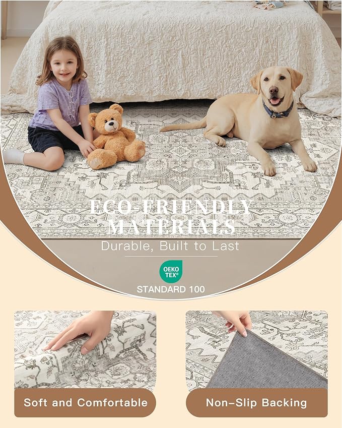 Madane Runner Rugs for Hallway 2x10 Long Washable Non-Slip Hallway Runner Rug Low-Pile Stair Kitchen Runner Soft Throw Carpet for Entrance Living Dining Laundry Room (Beige/Brown, 2 x 10)
