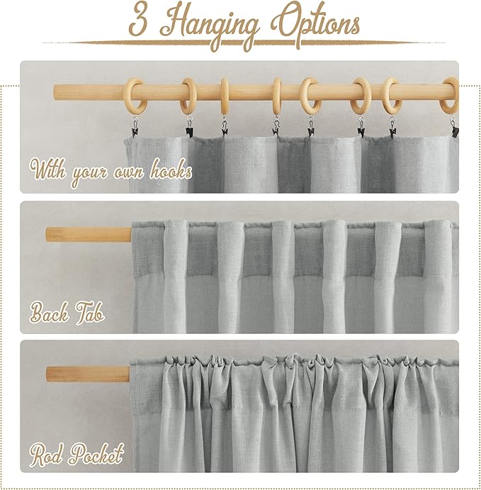 NICETOWN Linen Light Gray Curtains for Living Room, Rod Pocket & Back Tab Top Flax Linen Blend Semi Sheer Eclectic Drapes Privacy with Light Filtering for Kids Room, W52 x L84, 2 Pieces