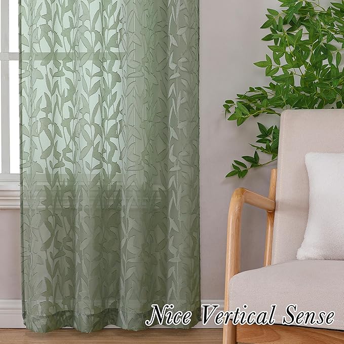 Lecloud Leia Sage Green Sheer Curtains 90 Inches Long 2 Panels, Airy Voile Jacquard Leaf Textured Curtains, Light-Filtering Farmhouse Rod Pockets Curtain Drapes for Bedroom Living Room, 52" W x 90" L