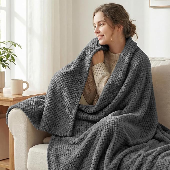 Exclusivo Mezcla Fleece Bed Blanket Queen Size, Super Soft and Warm Blankets for Couch, Sofa and Bed Waffle Textured, Cozy, Fuzzy and Lightweight (Dark Grey, 90x90 Inches)
