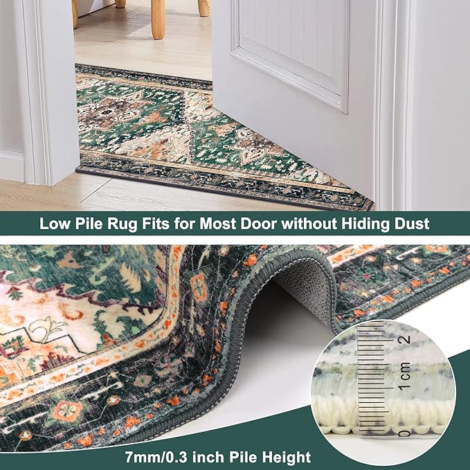 Yamaziot Washable Runner Rug, 2x8 Non-Slip Boho Vintage Hallway Rug Runner with Rubber Backing, Stain Resistant & Low Pile Faux Wool Distressed Carpet Runner for Kitchen, Laundry, Entrance, Turquoise