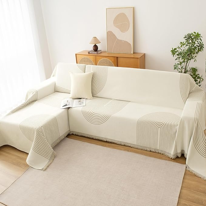 Couch Cover for Dogs, Boho Sofa Covers for 3 Cushion Couch, Chenille Sofa Slipcover for Pets Washable, L-Shape Sectional Couch Loveseat Cover Soft Throw Blankets with Tassels(71x134,Arc Beige)