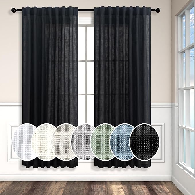 Pitalk Black Linen Curtains 63 Inch Length for Boys Bedroom 2 Panels Back Tab Rod Pocket Short Black Stylish Closet Curtains for Nursery Room Playhouse Canopy Bed Teen Girls Decoration 52x63
