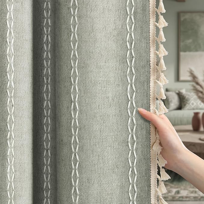 Boho Blackout Curtains 96 Inches Long Sage Green Linen Blend 2 Panels with Tassels and Cotton Embroidery, Farmhouse Vintage Rustic Rod Pocket Drapes for Living Room or Bedroom