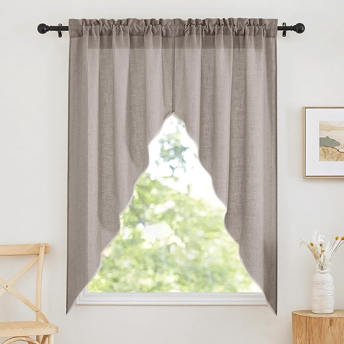 RYB HOME Linen Blend Swag Curtain Valance for Farmhouses, Light Filtering Privacy Small Window Tiers for Bedroom Kitchen Bathroom, Rod Pocket, 36 x63 inch, 1 Pair