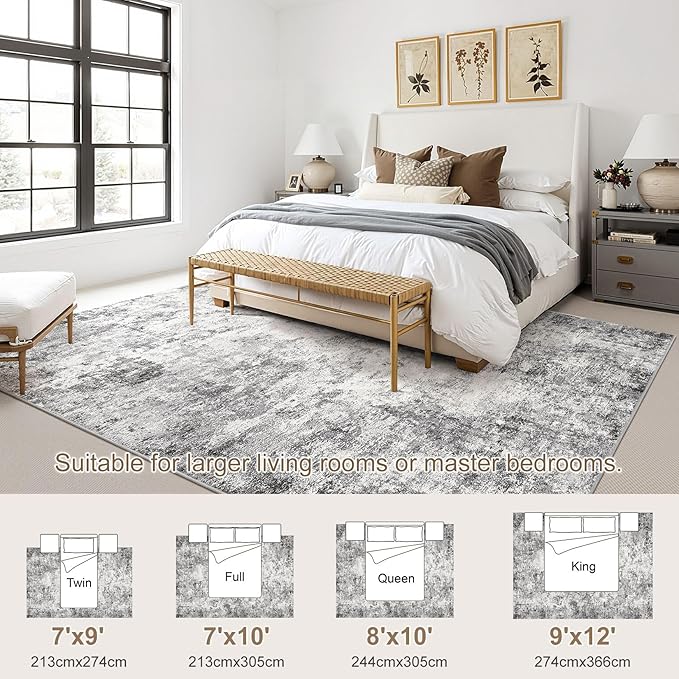 8x10 Area Rug Living Room Rugs - Washable Neutral Modern Abstract Soft Thin Rug Indoor Floor No Slip Rug Carpet for Bedroom Under Dining Table Home Office Decor - Grey