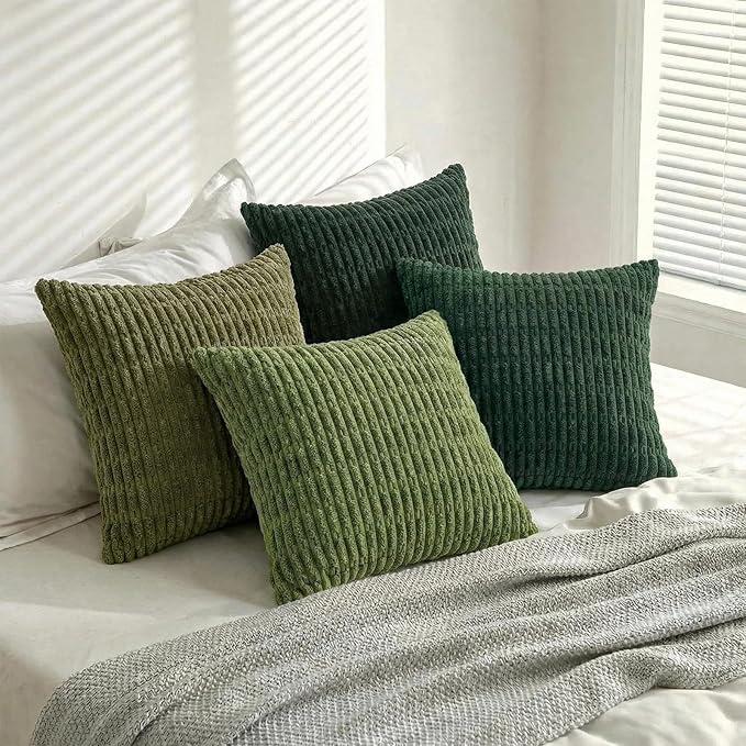 Fancy Homi Set of 4 Green Boho Spring Decorative Throw Pillow Covers 20x20 Inch for Couch Bed Sofa, Aesthetic Modern Bohemian Room Decor, Soft Fuzzy Fluffy Corduroy Textured Cushion Case 50x50cm