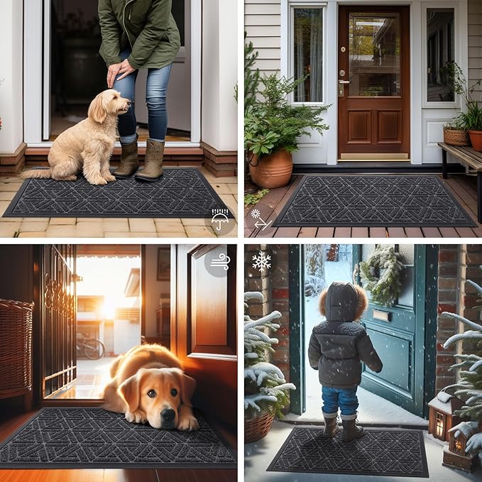 Smiry Front Door Mat Outside Entrance, Heavy Duty Sturdy Natural Rubber Doormat, Trap Dirt and Moisture, Easy Clean Low Profile Mats for Indoor Outdoor Entry, Grid Geometric (47x23, Grey)