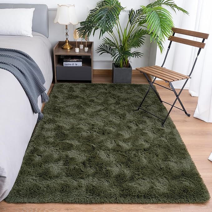 Goideal Fluffy Rug for Bedroom Living Room, 3x5 Olive Green Area Rugs, Faux Fur Shag Modern Carpet Ultra Soft Girls Boys Room Home Decor, Solid