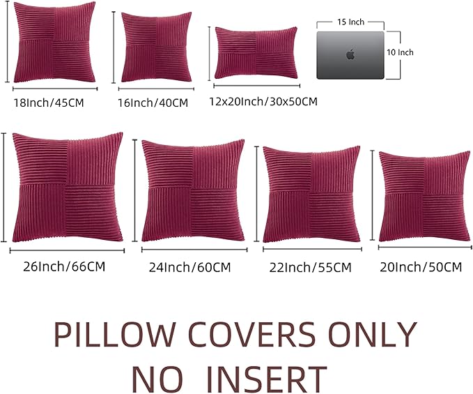 Fancy Homi 2 Packs Burgundy Red Decorative Throw Pillow Covers 16x16 Inch for Living Room Couch Bed, Rustic Farmhouse Boho Home Decor, Soft Corss Patchwork Corduroy Textured Cushion Case 40x40 cm
