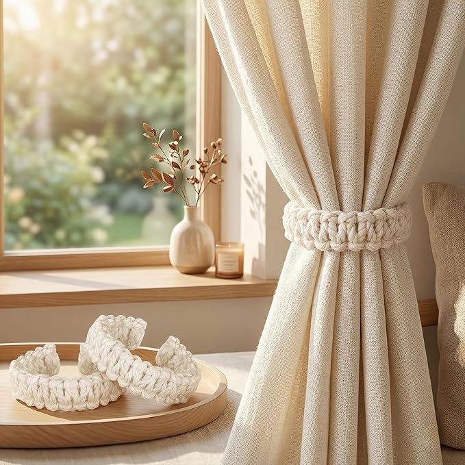Ptwola 4 Pack Braided Curtain Tiebacks Boho Elegant Rustic Curtain Holdbacks Tie Backs Holders Set Simple Light Weight Drapes Decorative Accessories Handmade for Home Office Bedroom Window