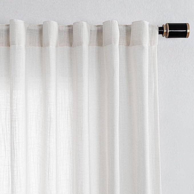 MYSKY HOME Natural Linen White Curtains 84 Inches Long, Semi Sheer Soft Cotton Window Drapes Set for Living Room Back Tab Elegant Cute Look Country Bedroom Curtains, Beige White, 100" x 84", Pack-1
