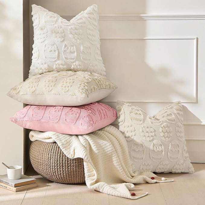 decorUhome Easter Cream White Egg Pillow Covers 20x20 Inch Set of 2, Soft Plush Faux Wool Jacquard Cushion Covers, Farmhouse Neutral Fuzzy Spring Easter Holiday Decor for Couch Sofa Bed