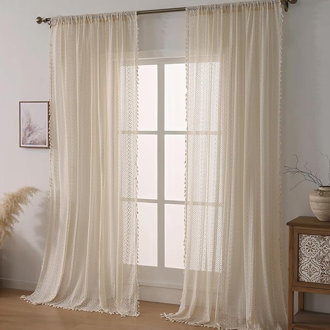 WAZZIO Boho Lace Curtains 96 Inches 2 Panel,Light Filtering Privacy Tassel & Geometry Crochet Semi Sheer Curtain Drapes for Bedroom Living Dining Room,Rod Pocket & Tassel,Vintage Farmhouse Decor,Beige