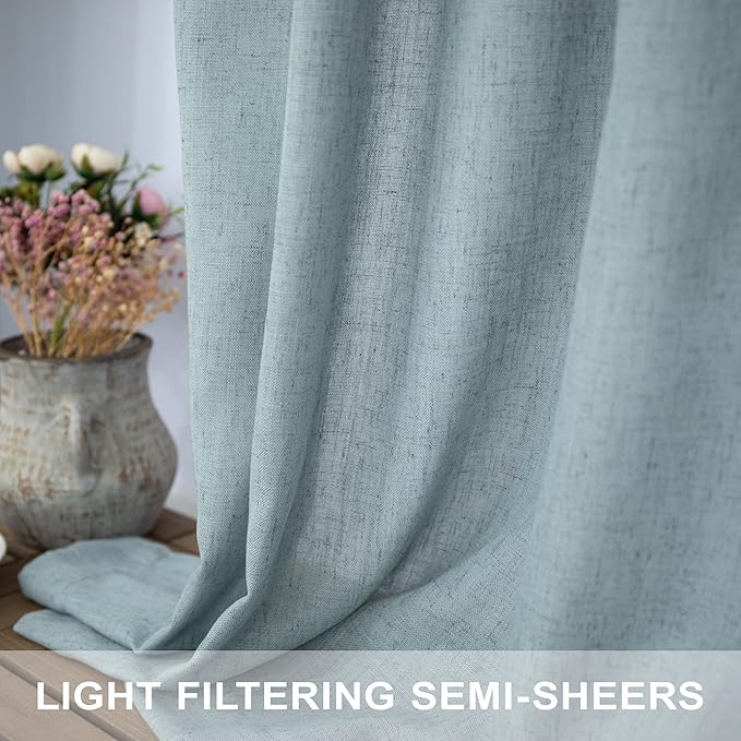 Seafoam Green Curtains 96 Inches Long for Living Room 2 Panels Back Tab Pocket Semi Sheer Linen Summer Ocean Mint Green Curtains for Bedroom Dining Spa Sea Mist Teal Grey Aqua Drapes Kids Decor 8 FT
