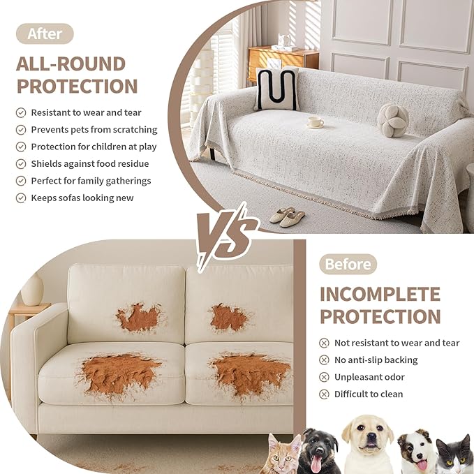 Couch Cover for Dogs, Boho Sofa Covers for 3 Cushion Couch, Chenille Slipcover for Pets Washable, L-Shape Sectional Couch Loveseat Cover Soft Throw Blankets with Tassels(71x102,Speckled Beige)