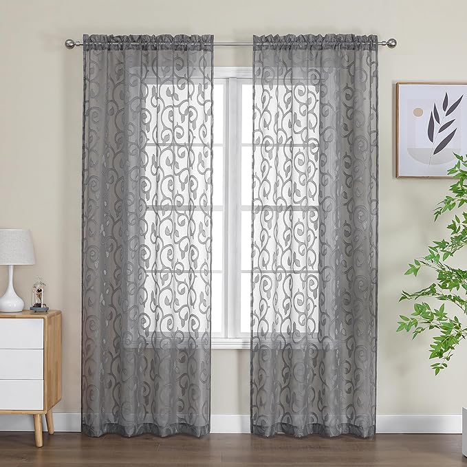 OWENIE Furman Sheer Curtains 84 inches Long for Bedroom Living Room 2 Panels Set, Light Filtering Window Curtains, Semi Transparent Voile Top Dual Rod Pocket, Grey, 40Wx84L inch, Total 84 Inches Width