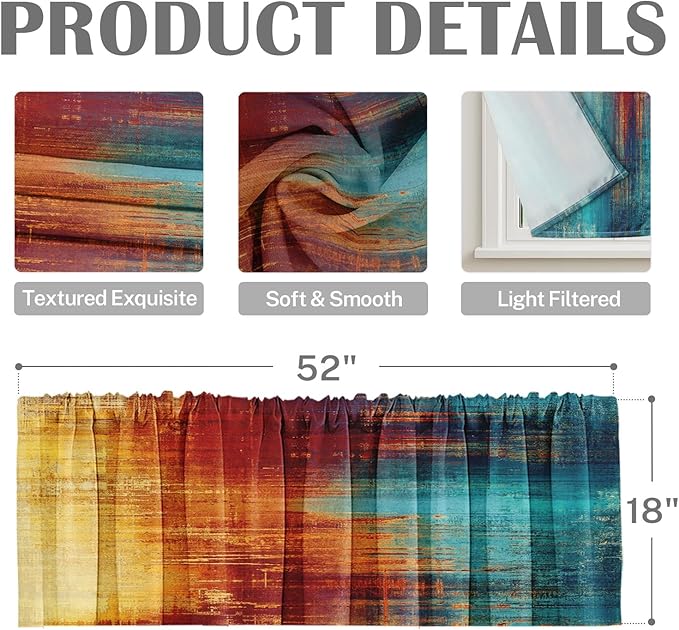 Emvency 4 Pack Valances Window Treatments, Blue and Orange Vintage Abstract Messy Rust Painting Blackout Drapes Adjustable Curtain Valances 52x18 Inch for Windows Living Room Kitchen