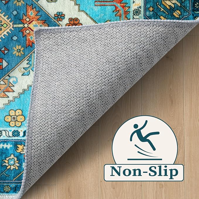 SERISSA 4x6 Boho Bedroom Rug, Washable Non Slip Vintage Blue Area Rugs, Ultra Soft Print Distressed Tribal Entry Rug Low-Pile Throw Carpet for Nursery Dorm Kitchen Living Room Decor