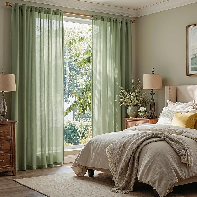 MYSKY HOME Sage Green Sheer Curtains 63 inch Length Semi Sheer Curtains for Bedroom Light Filtering Short Window Treatment Privacy Protect Boho Farmhouse Soft Drapes Set, Back Tab, 50" Wide, 2 Pieces