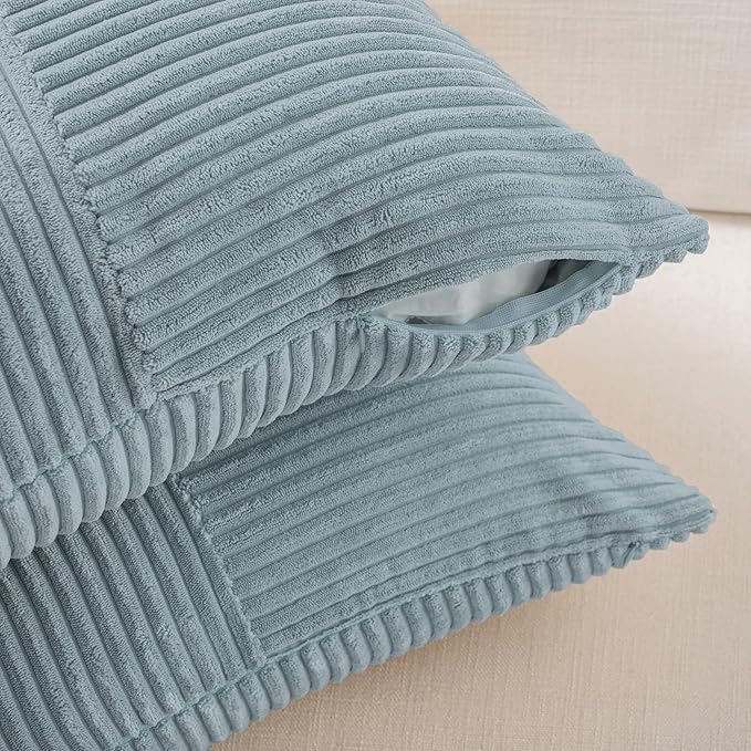Fancy Homi Set of 2 Light Blue Long Lumbar Decorative Throw Pillow Covers 16x24 Inch for Couch Bed Sofa, Rustic Farmhouse Boho Home Decor, Soft Striped Corduroy Rectangle Accent Cushion Case 40x60 cm