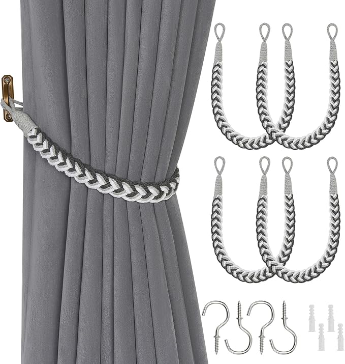NICEEC 4 Pack Natural Cotton Rope Curtain Tiebacks Elegant Boho Style Decorative Drape Tie Backs Soft Hand-Woven Rope Curtain Holdbacks with Metal Hook for Home & Office Drapery (Grey & White)