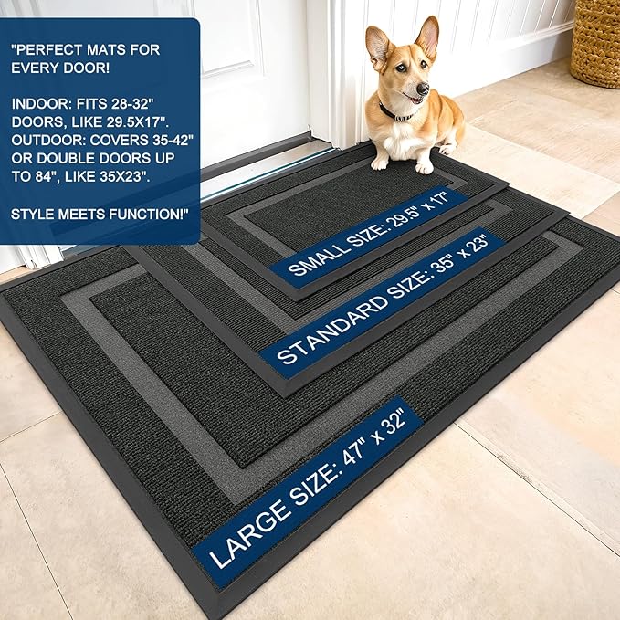 OLANLY Front Door Mat Indoor Outdoor Entrance, Waterproof All-Season, All-Weather Doormat, Sturdy Natural Rubber, Fade Resistant, Low Profile, Easy Clean Patio Porch Entryway Mat, 47x30, Black