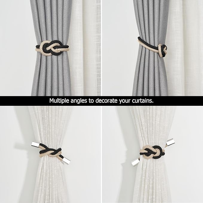 NICEEC 2 Pack Mini Magnetic Curtain Tiebacks Nordic Simple Style Drape Tie Backs Elegant Hand Weave Rope Knot Decorative Curtain Holdbacks for Home & Office Thin Window Drapery (Black & Beige)