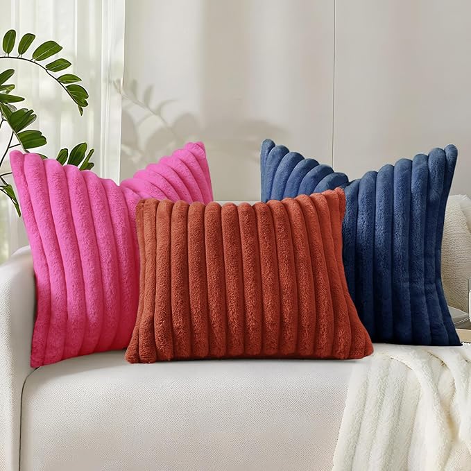decorUhome Cozy Faux Fur Throw Pillow Covers 24x24 Set of 2 Decorative Soft Plush Striped Modern Farmhouse Boho Couch Euro Sham Pillow Cases with Velvet Back for Sofa Bed Living Room, Blue