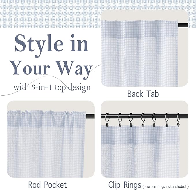 RYB HOME Checkered Cafe Curtains 24 inch Length, Linen Gingham Small Window Treatment Vintage Farmhouse Plaid Curtains Valance for Kitchen Living Room Bathroom, Blue, W26 x L24, 2 Panels