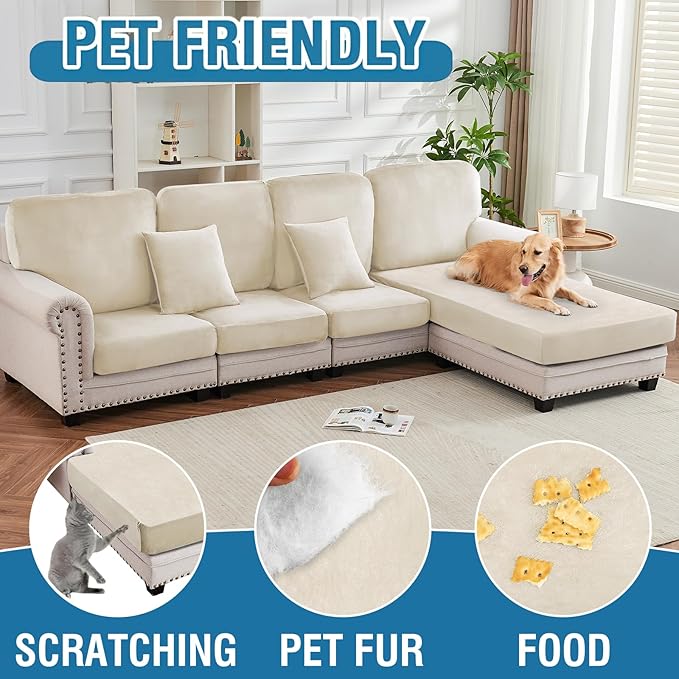 Couch Cover 4-Piece Elastic Velvet Couch Cushion Covers & Chaise Slipcovers for L-Shaped Sofas - Sofa Seat Covers Washable, Soft Protector for Couches (3 Seater + Chaise, Cream)