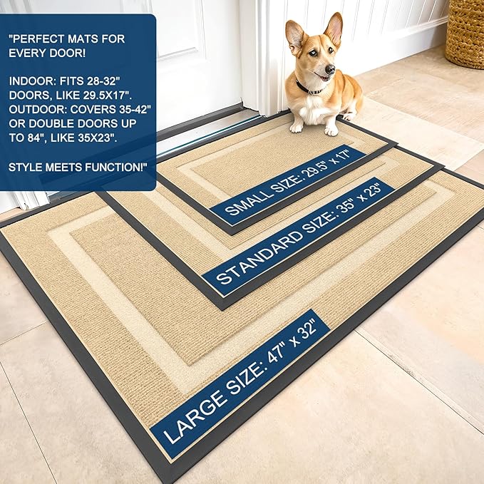 OLANLY Front Door Mat Indoor Outdoor Entrance, Waterproof All-Season, All-Weather Doormat, Sturdy Natural Rubber, Fade Resistant, Low Profile, Easy Clean Patio Porch Entryway Mat, 59x40, Beige