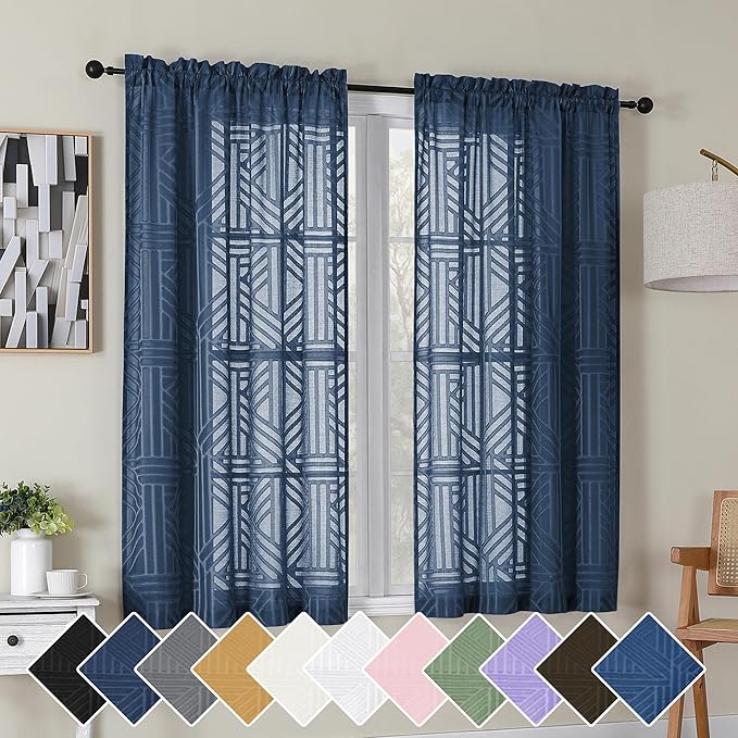 Simplebrand Navy Blue Semi Sheer Curtains 45 Inch Length 2 Panels, Geometric Jacquard Clip Textured Curtains for Bedroom, Modern Elegant Window Drapes Treatment, 42x45 Inch