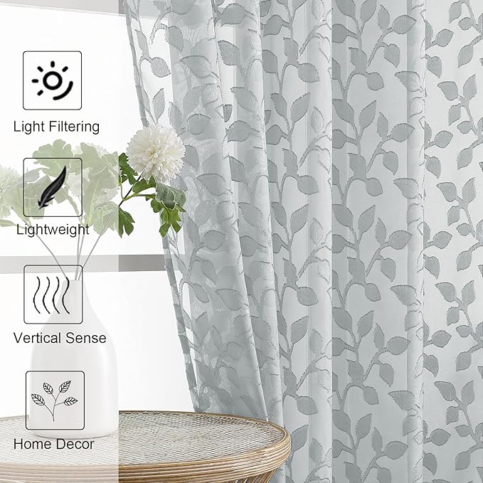 Chyhomenyc Light Grey Sheer Curtains 90 Inch Length 2 Panels Set, Light Filtering Tufted Textured Soft Airy Rod Pocket Gentle Leaf Window Treatment Drapes for Bedroom Living Room, 42" Wx90 L, 2PCS