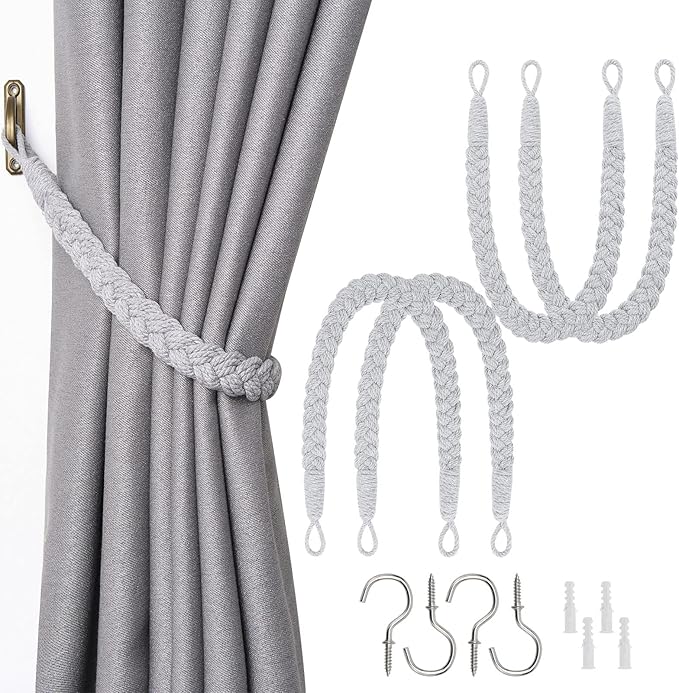 NICEEC 4 Pack Natural Cotton Rope Curtain Tiebacks Elegant Boho Style Decorative Drape Tie Backs Soft Hand-Woven Rope Curtain Holdbacks with Metal Hook for Home & Office Drapery (Light Grey)