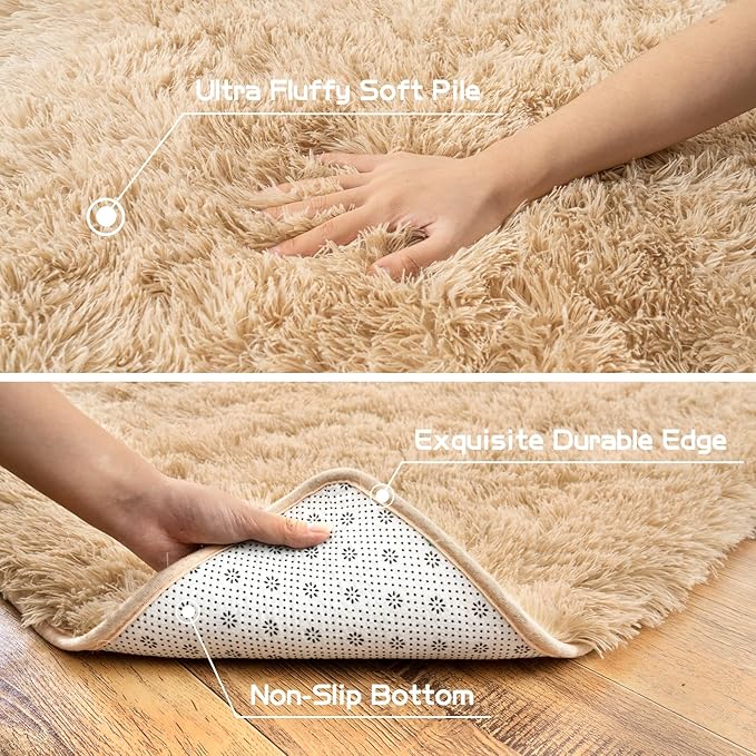Pionblank Fluffy Area Rug for Bedroom 4x6 Feet, Indoor Plush Carpet, Shag Soft Bedside Rug, Cute Comfy Furry Rug for Living Room Dorm Girls Boys Room Nursery Decor, Camel