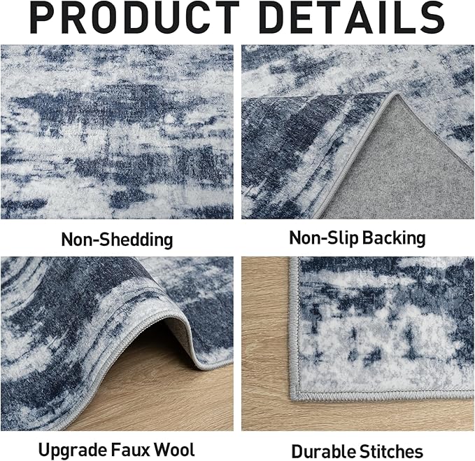 9x12 Area Rugs Washable Rug: Modern Abstract Living Room Rug Soft Anti-Skid Thin Carpet Indoor Floor Non-Shedding Carpets for Bedroom Dining Room Farmhouse Nursery Home Office Blue Grey
