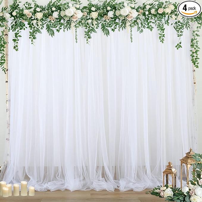 White Sheer Tulle Backdrop Curtains for Parties Wedding White Curtain Backdrop for Bridal Shower Birthday Party Baby Shower Photos Background 20ft x 8ft(5ft x 8ft, 4 Panels)