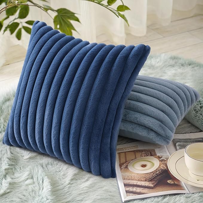 decorUhome Cozy Faux Fur Throw Pillow Covers 16x16 Set of 2 Decorative Soft Plush Striped Modern Farmhouse Boho Couch Pillow Cases with Velvet Back for Sofa Bed Living Room, Blue