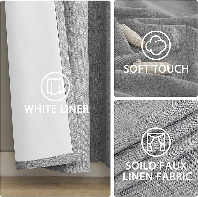 Yakamok Linen Dove Gray Curtains 100% Blackout 84 Inches Long,Room Darkening Textured Curtains for Living Room Thermal Grommet Bedroom Curtains 2 Panels with Greyish White Liner