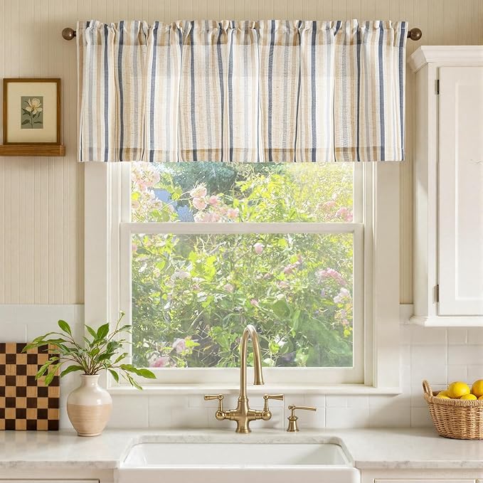 jinchan Valance Curtain Linen Textured Striped Window Curtain for Living Room Light Filtering Farmhouse Valance for Kitchen Rod Pocket 1 Panel 16 Inch Multi Blue on Linen 1 Panel