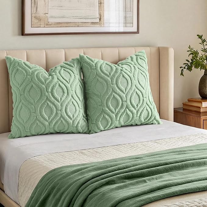 decorUhome Throw Pillow Covers 24x24 Inch Set of 2, Soft Plush Faux WoolSage Green Solid Couch Pillow Covers, Accent Euro Sham Farmhouse Neutral Square Pillow Cases for Sofa Bed Living Room