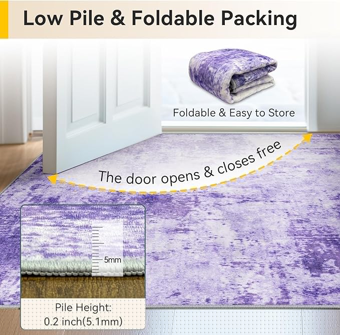 Washable Area Rugs 4ft Non-Slip Modern Abstract Soft for Living Room Entryway Bedroom Nursery, Print Pattern, Purple Gray Pink White