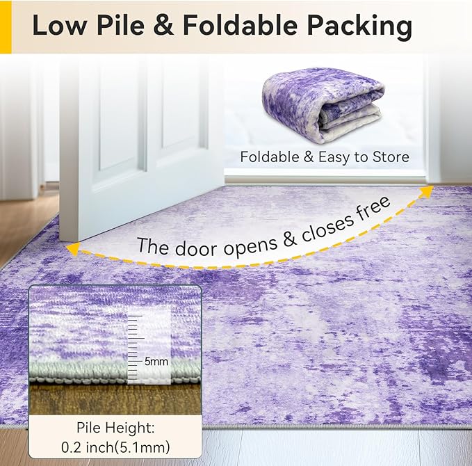 Washable Area Rugs 8ft Non-Slip Modern Abstract Soft for Living Room Entryway Bedroom Nursery, Print Pattern, Purple Gray Pink White