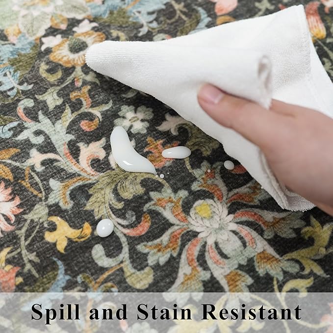 Hallway 2x5 Washable Runner Rug: Oriental Floral Stain Resistant Rug for Entryway Kitchen Farmhouse Soft Carpet for Bathroom Bedroom Thin Laudry Living Room Floor Mat with Non Slip Backing(2x5,Green)