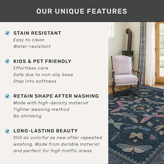 5x7 Navy Blue Boho Rugs for Living Room, Stain Resistant Non Slip Area Rug for Dining Room, Whimsical Bedroom Insect Carpet, Dark Vintage Décor Indoor, Low Pile & Soft